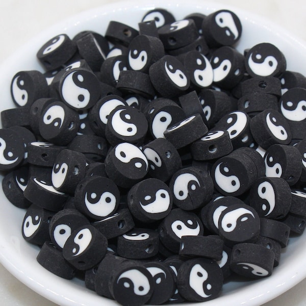 Yin Yang Polymer Clay Beads, Black with White Yin-Yang Beads, Yin-Yang Clay Beads, Round Clay Beads, Jewelry Beads, Beads for Bracelet #33