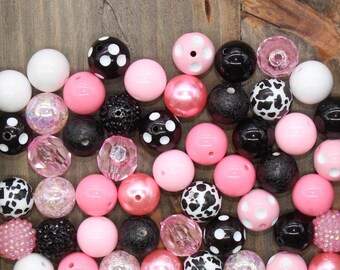 20mm Bubblegum Beads, Pink and Black Beads Mix, Chunky Beads, Jewelry Making Beads