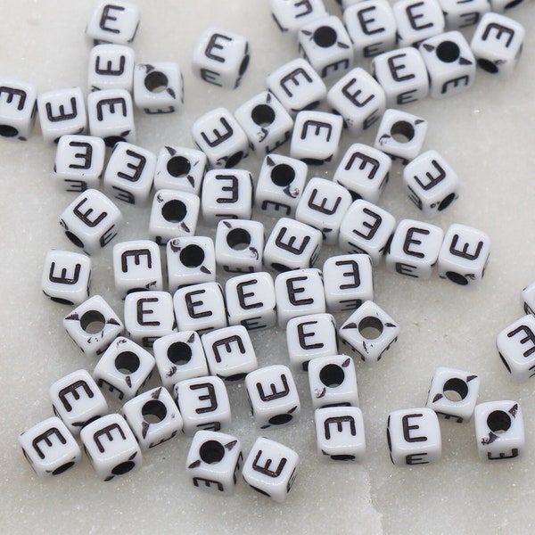 Letter E Cube Beads, White and Black Cube Alphabet Letter Beads, Black Acrylic Letter Beads, Acrylic Square Name Beads, Size 5mm