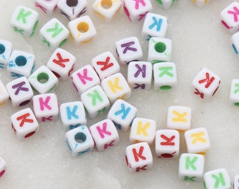 Letter K Cube Beads, Individual Letter Beads, Multicolored Cube Alphabet Beads, White with Rainbow Letter, Square Name Beads, Size 4.8mm