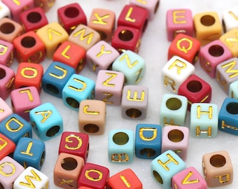 6mm Multicolor Cube Alphabet Beads, Acrylic Square Beads with Gold Letters, Jewelry Making Supplies #187
