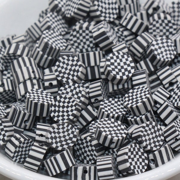 Checkered Polymer Clay Beads, Black Round Checkered Clay Beads, Loose Beads, Jewelry Beads, Beads for Bracelet #348