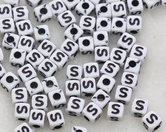 Letter S Cube Beads, White and Black Cube Alphabet Letter Beads, Black Acrylic Letter Beads, Acrylic Square Name Beads, Size 5mm