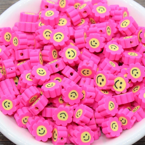 Perles en pâte polymère rose fuchsia, smiley en forme de fleur de canne en fimo, Happy Face, perle pour bracelet #236