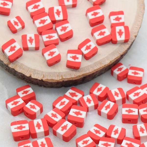 Canada Flag Clay Beads, Canadian Flag Polymer Clay Beads, Maple Leaf Canadian Flag Beads, Bead for Bracelet, Jewelry Beads #285