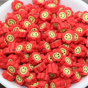 Red Smiley Face Polymer Clay Beads,  Flower Shape Smiley Face Fimo Cane Beads, Happy Face Beads, Bead for Bracelet #240