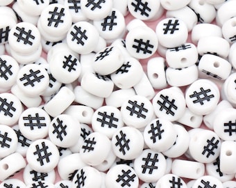 Acrylic # Hashtag Beads, Plastic White Beads with Black Hashtag Symbols, Flat Round Acrylic Beads, # Symbol Beads, Size 7mm #108