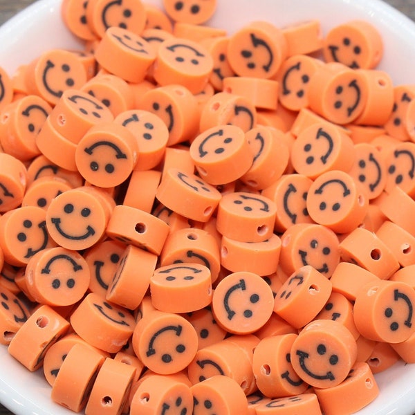 Perles d’argile polymère Smiley Face orange, perles de canne Fimo Smiley Face, perles Emoji Happy Face, perle pour bracelet, fournitures de perles #233