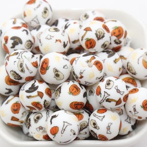 15mm Pumpkin Printed Beads, Halloween Pumpkin Silicone Beads, Skull Beads, Round Bubblegum Beads, Beads for Pens, Beads for Bracelets #S81