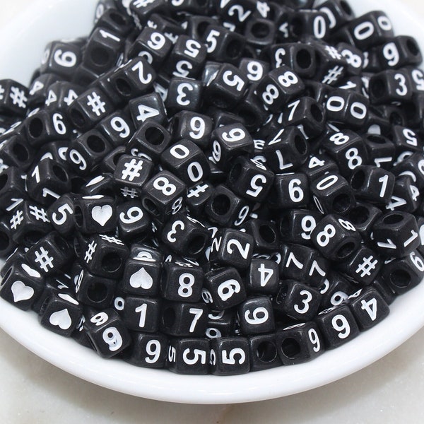 Number Beads, Assorted Number Beads, Black Cube with White Numbers Square Beads, Heart, Hashtag #, Size 6mm #2972