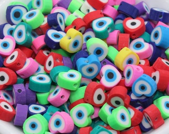 Heart Shape Evil Eye Polymer Clay Beads, Multicolored Evil Eye Fimo Cane Beads, Assorted Evil Eye Beads, Rainbow Evil Eye Slice Beads #304