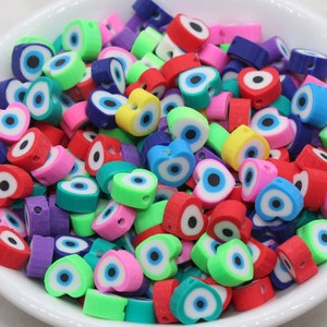 Heart Shape Evil Eye Polymer Clay Beads, Multicolored Evil Eye Fimo Cane Beads, Assorted Evil Eye Beads, Rainbow Evil Eye Slice Beads #304