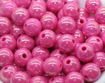 12mm Deep Pink AB Gumball Beads, Iridescent Acrylic Loose Beads, Solid Bubblegum Beads, Chunky Beads, Glossy Smooth Round Beads #2803