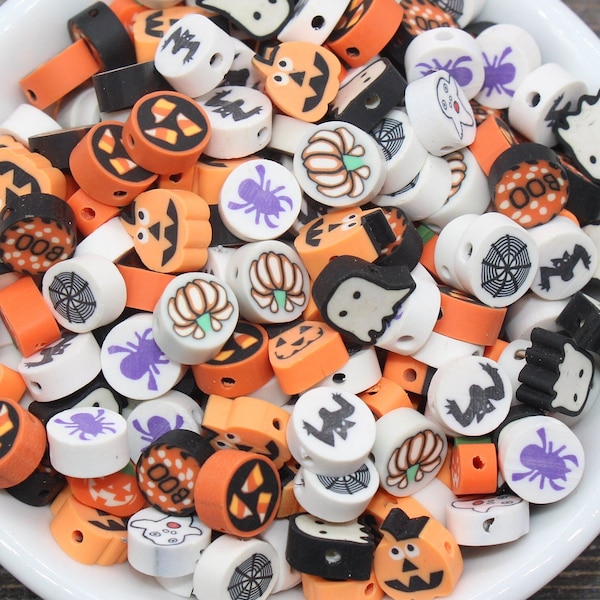 Halloween Theme Beads, Round Halloween Polymer Clay Beads,  Assorted Clay Beads, Ghost, Jack O Lantern, Spider Beads, Bead For Bracelet