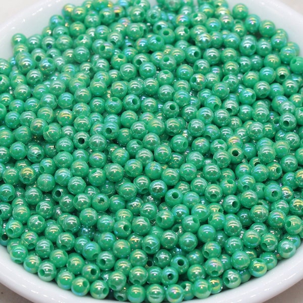 4mm Green AB Round Beads, Iridescent Acrylic Gumball Beads, Bubblegum Beads, Plastic Round Smooth Bead #3005