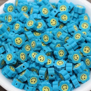 Blue Smiley Face Polymer Clay Beads,  Flower Shape Smiley Face Fimo Cane Beads, Happy Face Beads, Bead for Bracelet #239