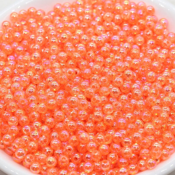 4mm Coral Orange AB Round Beads, Iridescent Acrylic Gumball Beads, Transparent Round Spacer Beads, Bubblegum Beads, Plastic Round Bead #1270