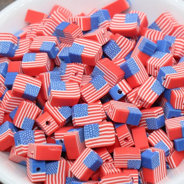 Patriotic American Flag Clay Beads, United States Flag Polymer Clay Beads, US Flag Beads,  Rectangle Shape Clay Beads, Jewelry Beads #100