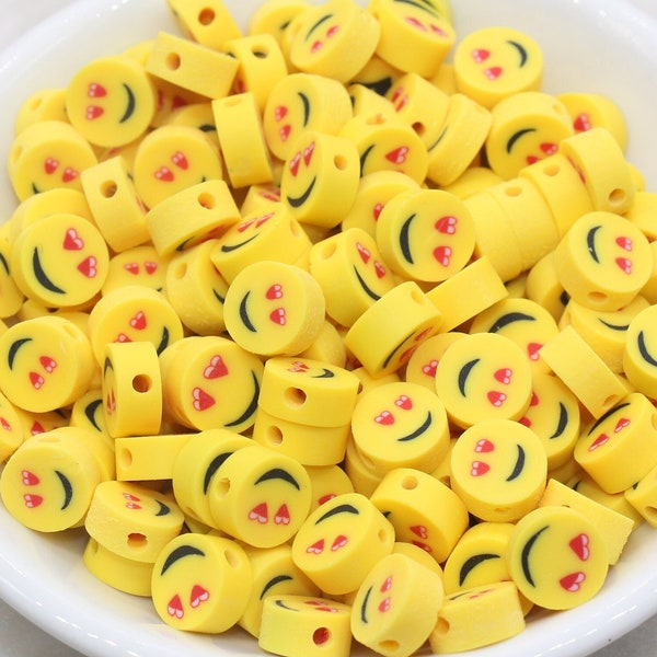 Perles en pâte polymère Emoji coeur yeux, smileys, visage heureux jaunes, perles emoji en argile, perle pour bracelet #442