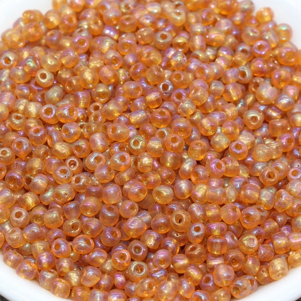 Dark Orange Transparent AB Glass Seed Beads, 4mm 6/0 Glass Round Beads, Rainbow Trans Seed Beads, Rocailles Beads, Beading Supplies #1549