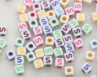 Letter S Cube Beads, Individual Letter Beads, Multicolored Cube Alphabet Beads, White with Rainbow Letter, Square Name Beads, Size 4.8mm