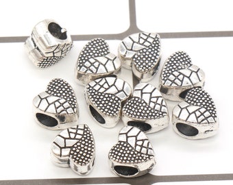 6 Pcs Heart Beads Large Hole Beads Antique Silver Tone - B40