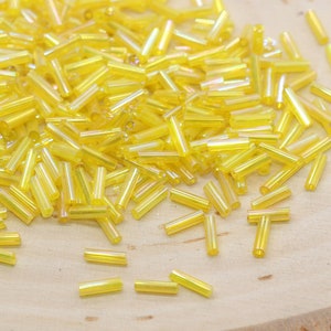 Tube Shape Glass Seed Beads, Yellow AB Tube Bugle Beads, Iridescent Tube Glass Beads, Size 6mm Beading Supplies #2767