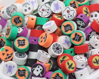 Halloween Theme Beads, Round Halloween Polymer Clay Beads,  Assorted Clay Beads, Ghost, Pumpkin, Spider Beads, Bead For Bracelet #4