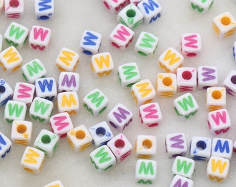 Letter W Cube Beads, Individual Letter Beads, Multicolored Cube Alphabet Beads, White with Rainbow Letter, Square Name Beads, Size 4.8mm