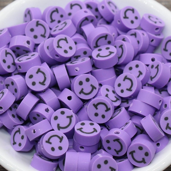 Smiley violet, perles en pâte polymère, Smiley Face Fimo, canne en fimo, Happy Face Emoji, perle pour bracelet, fournitures pour perles #234