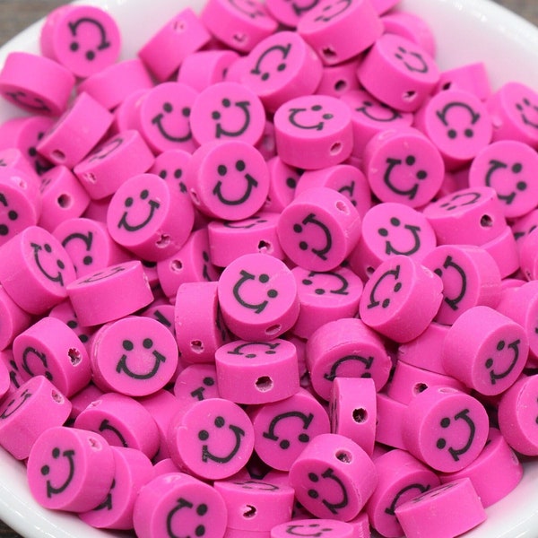 Smiley rose vif en pâte polymère, Smiley face en rotin fimo, Happy Face Emoji, Perle pour bracelet, Accessoires pour perles # 227