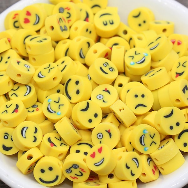 Perles Emoji en pâte polymère, Perles Emoji jaunes en rotin fimo, Assortiment de perles Emoji, Smileys, Expressions faciales #216