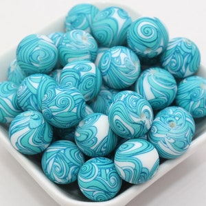 15mm Aqua Blue Swirl Printed Beads, Swirl Silicone Beads, Round Bubblegum Beads, Beads for Pens, Beads for Bracelets #S93