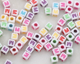 Letter M Cube Beads, Individual Letter Beads, Multicolored Cube Alphabet Beads, White with Rainbow Letter, Square Name Beads, Size 4.8mm