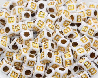 Letter B Letter Beads, Cube White Beads with Gold Lettering, Individual Letter Beads, Acrylic Square Name Beads, Size 7mm