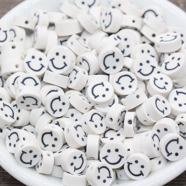 Perles d’argile polymère Smiley Face blanche, perles de canne Fimo Smiley Face, perles Emoji Happy Face, perle pour bracelet, fournitures de perles #232