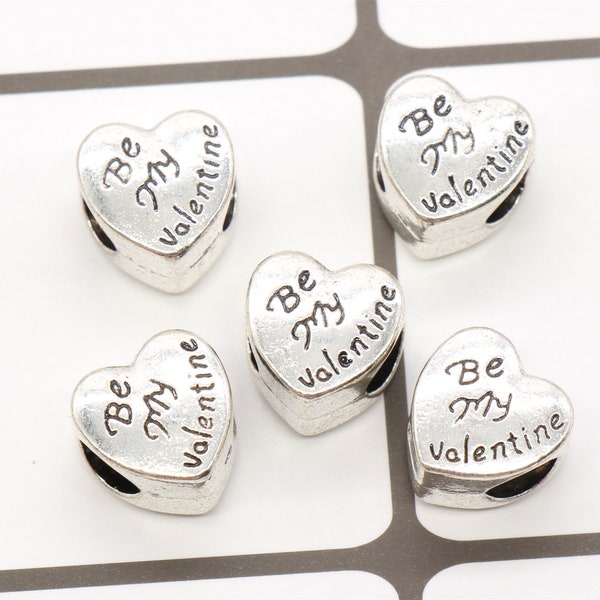 4 Heart Beads Be My Valentine Beads Large Hole Beads Antique Silver Tone - B89