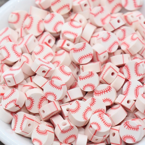 Baseball Beads, Red and White Baseball Clay Beads, Round Ball Beads, Fimo Cane Beads, Jewelry Beads, Beads for Bracelet #145