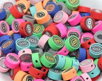 Evil Eye Polymer Clay Beads, Multicolored Evil Eye Fimo Cane Beads, Assorted Evil Eye Beads, Rainbow Evil Eye Slice Beads #66