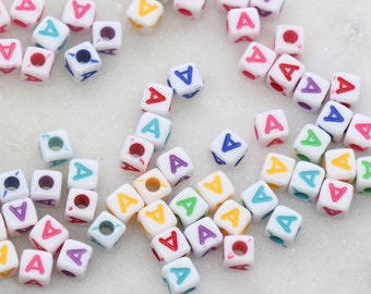Letter A Cube Beads, Individual Letter Beads, Multicolored Cube Alphabet Beads, White with Rainbow Letter, Square Name Beads, Size 4.8mm
