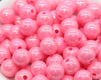 12mm Pink AB Gumball Beads, Iridescent Acrylic Loose Beads, Solid Bubblegum Beads, Chunky Beads, Glossy Smooth Round Plastic Beads #81