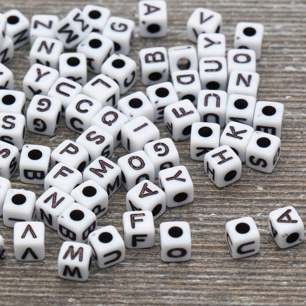 White and Black Cube Alphabet Letter Beads, Black Acrylic Letter Beads, Plastic Letter Beads, Acrylic Square Name Beads, Size 5mm #508