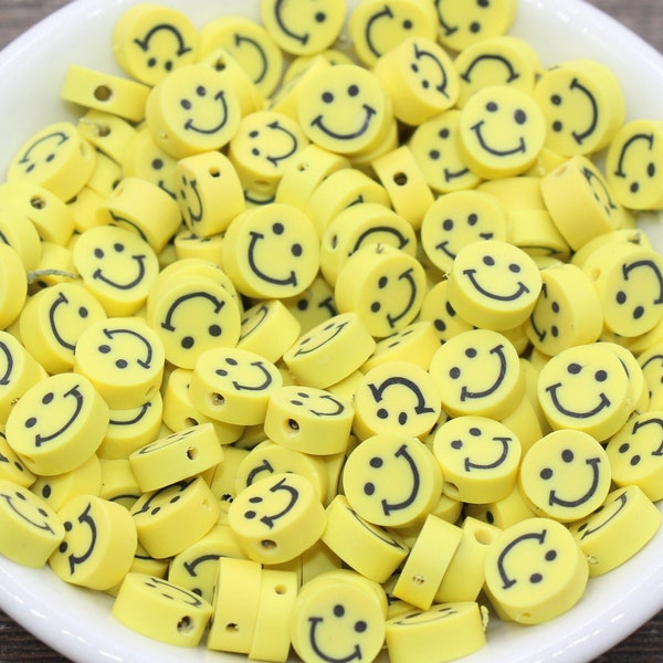 Perles d’argile polymère Smiley Face jaune, perles de canne Fimo Smiley Face, perles Emoji Happy Face, perle pour bracelet, fournitures de perles #231