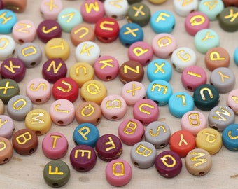 Mix Gold Alphabet Letter Round Beads, Multicolored Beads with Gold Letters, Acrylic Round Name Initial Beads, Beads for Bracelet, 7mm #203