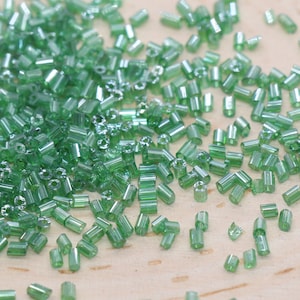 Tube Shape Glass Seed Beads, Glossy Green Tube Bugle Beads, Size 2mm Beading Supplies #2801
