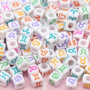 Multicolor Zodiac Cube Beads,  White Zodiac Acrylic Cube Beads, Acrylic Square Beads, Size 7mm #195