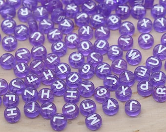 Lettres de l'alphabet violettes, Lettres violettes en acrylique translucide, Perles acryliques rondes, Mélange de perles, Initiales du nom 7 mm # 3163