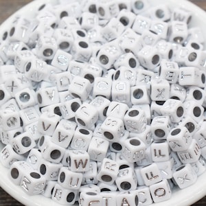 Silver Alphabet Letter Cube Beads, White Beads with Silver Letters,  Acrylic Square Name Beads, Size 6mm #66