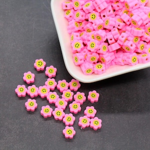 Pink Smiley Face Polymer Clay Beads,  Flower Shape Smiley Face Fimo Cane Beads, Happy Face Beads, Bead for Bracelet #237
