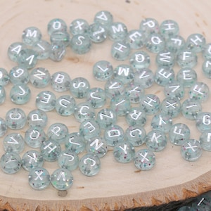Silver with Glitter Alphabet Letter Beads, Acrylic Translucent Beads with Glitter, Round Acrylic Beads, Mixed Letters Name Beads 7mm #754